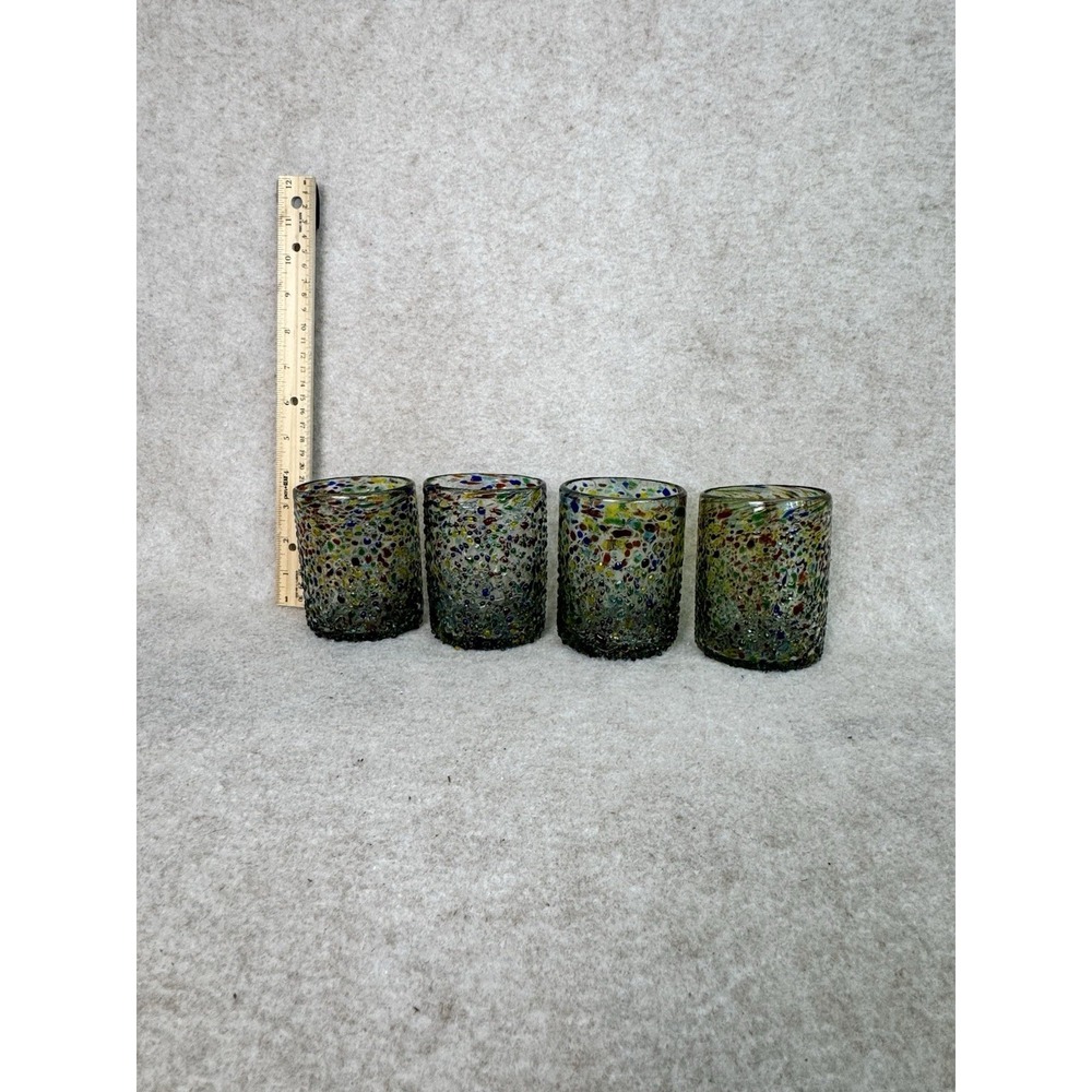 Set Of 4 Confetti Lowball Glass Tumblers Thick Textured Recycled Mexico